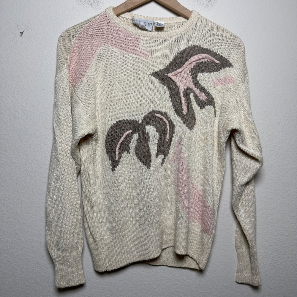 VTG 80s Russ Women Silk Sweater Small Cream Abstract Knit Retro Artsy Coquette